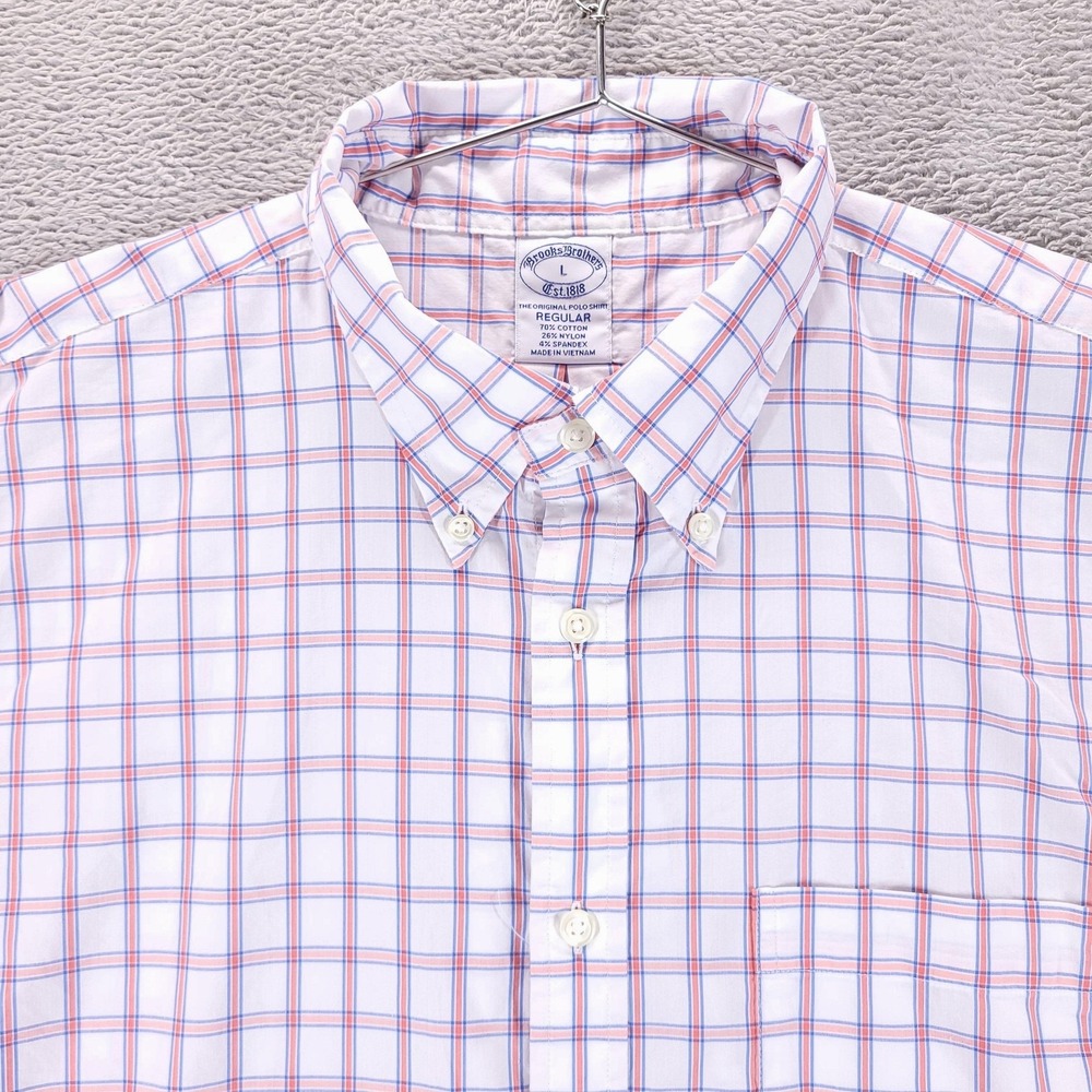 Brooks Brothers Dress Shirt Mens L White‎ Check Regular Original Polo Stretch